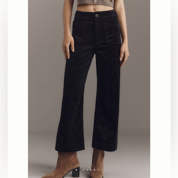 🖤 Anthropologie Colette Cropped Wide-Leg Corduroy Pants NEW Charcoal Hearts